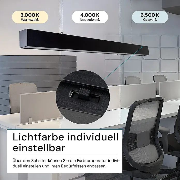 Luxula LED-Pendelleuchte Tresenleuchte Erweiterbar 40W 4000lm Büroleuchte -  - Schwarze lineare Pendelleuchte mit per Schalter einstellbarer Lichtfarbe (3000K-6500K), gezeigt im Büroumfeld.