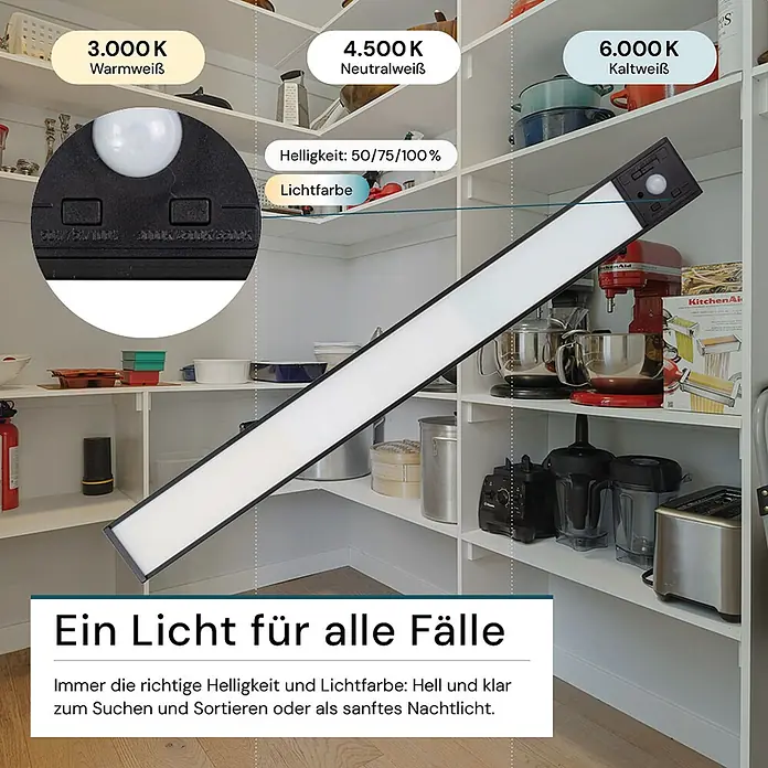 Luxula LED-Unterbauleuchte - Lichtfarbe: Mehrfarbig, 3 W - Lange LED-Lichtleiste mit Sensor im Vorratsschrank. Bietet einstellbare Helligkeit und Farbtemperatur (warm-, neutral-, kaltweiß).