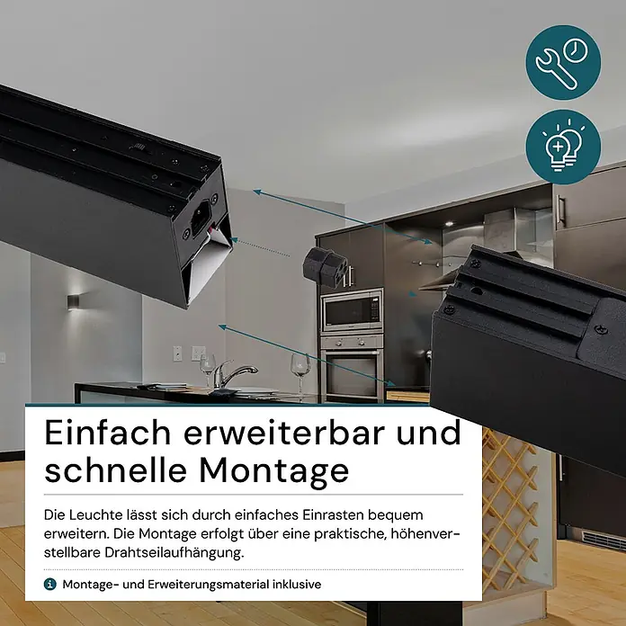 Luxula LED-Pendelleuchte Tresenleuchte Erweiterbar 40W 4000lm Büroleuchte -  - Schwarze, modulare Leuchte wird in einer modernen Küche verbunden, um einfache Erweiterung und Installation zu zeigen.