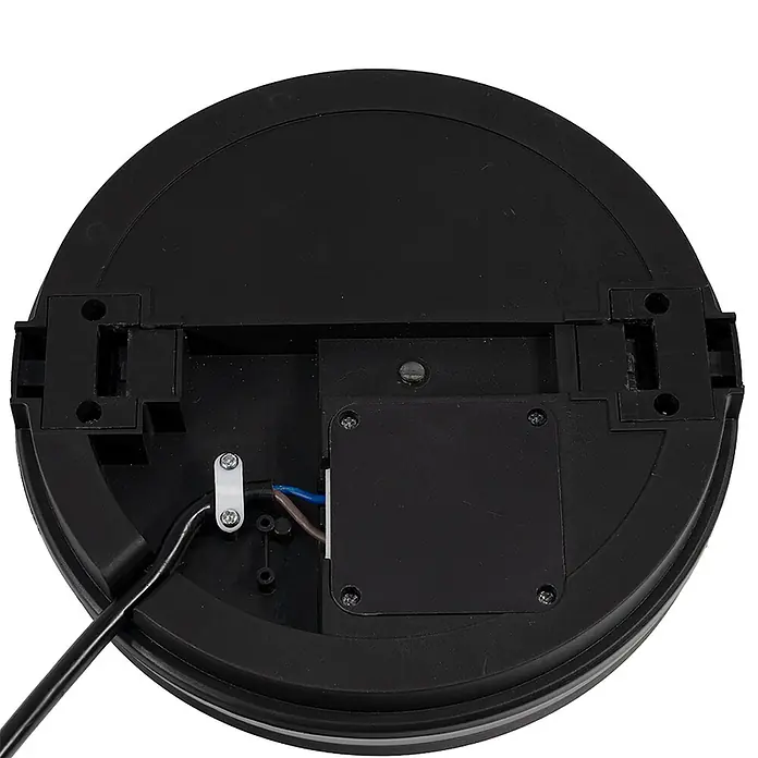 Luxula LED-Deckenleuchte rund - 30 W, Schwarz, Mehrfarbig - Unterseite einer schwarzen, runden Leuchte mit blauer und brauner Verkabelung an einer Klemme.