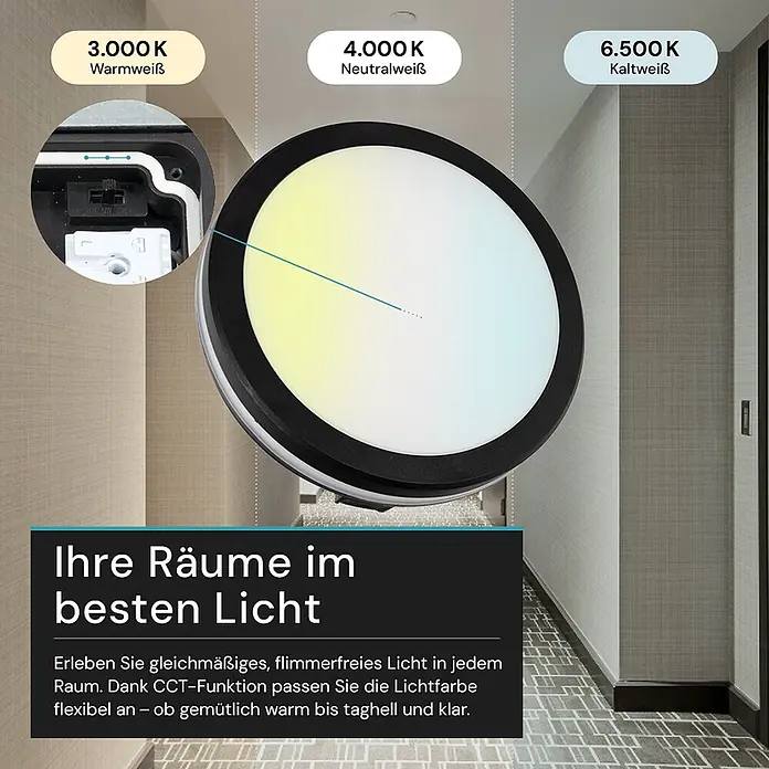 Luxula LED-Deckenleuchte rund - 30 W, Schwarz, Mehrfarbig - Runde LED-Deckenleuchte mit schwarzem Rahmen, die einstellbares warmes bis kühles Licht (3000K-6500K) und einen internen CCT-Schalter zeigt.