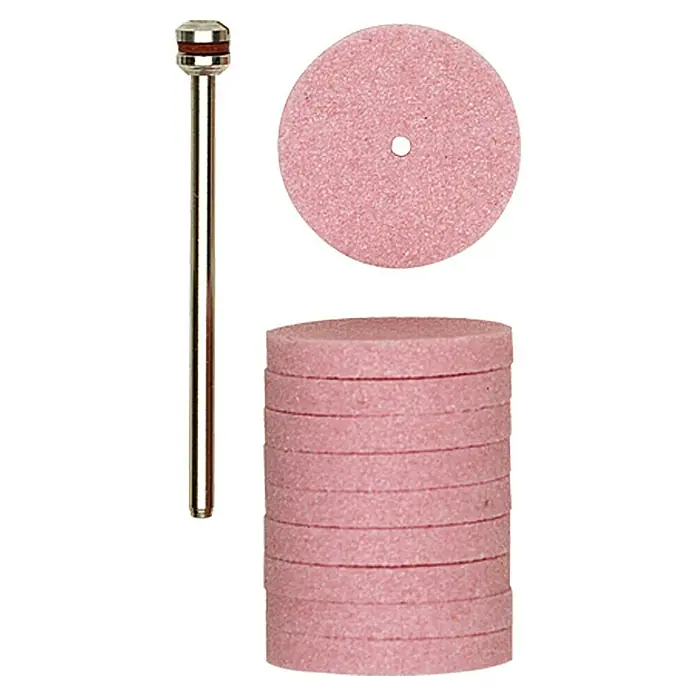 Proxxon Schleifscheibe No 28302 - Edelkorund, 22 mm, 10 Stk. - Bild eines Schleifscheiben-Sets. Inbegriffen sind ein Dorn und mehrere rosa Schleifscheiben, die übereinander gestapelt sind.
