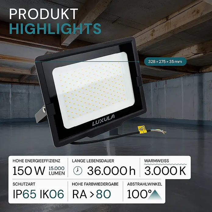 Luxula LED-Strahler - 150 W, 15.000 lm, 3.000 K, IP65 - Schwarzer LED-Fluter, 150W, 15.000 Lumen, warmweiß (3000K), IP65, mit Maßen und Spezifikationen.