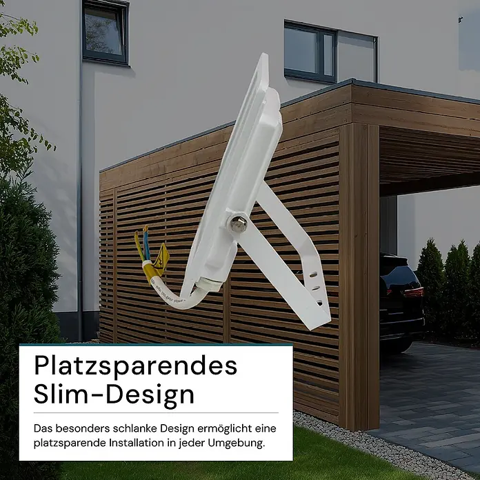 Luxula LED-Strahler - 30 W, 3.000 lm, IP65 - Weißer schlanker LED-Fluter, der sein kompaktes Design für die Außenmontage zeigt.