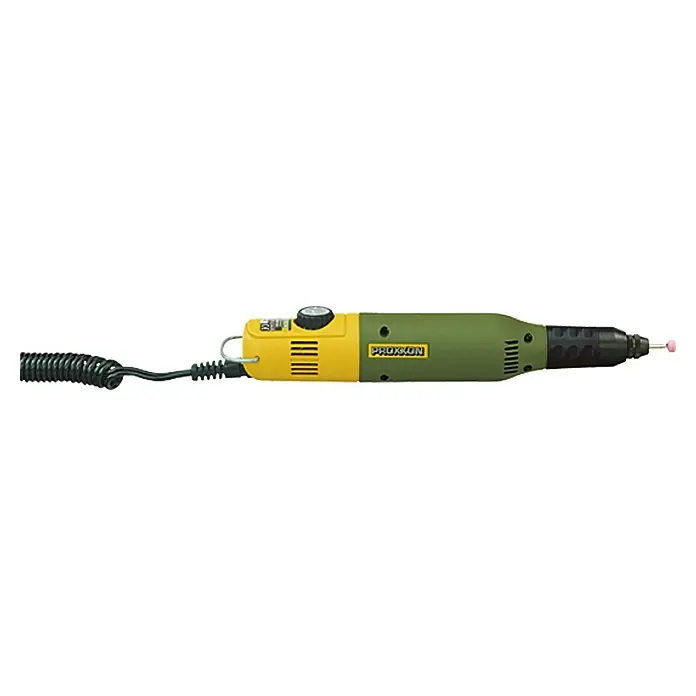 Proxxon Micromot Unidad de taladrado y fresado 50/E n.º 28510 - 40 W - Imagen de un taladro/rectificadora de precisión Proxxon, ideal para trabajos finos de rectificado y detalle. La herramienta es amarilla y verde oliva con cable en espiral.