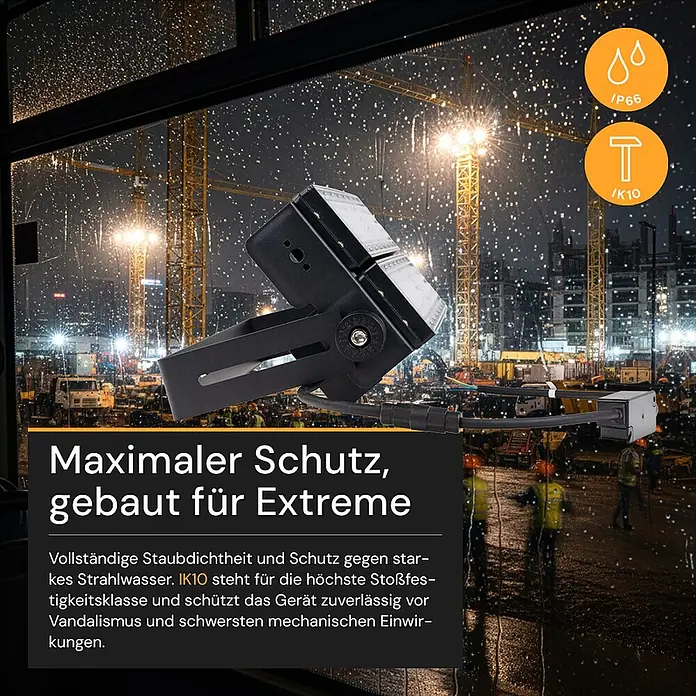Enovalite LED-Strahler - 200 W, 26.000 lm, IP66 - Robustes schwarzes LED-Flutlicht mit Halterung und Kabel, für extreme Außenbedingungen auf einer Baustelle bei Nacht.