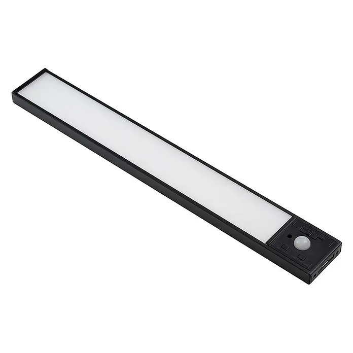 Luxula LED-Unterbauleuchte Akku CCT Warm -Kaltweiß Dimmbar Magnetische -  - Schwarze rechteckige LED-Lichtleiste mit weißem Diffusor, integriertem Bewegungssensor und Bedienfeld an einem Ende.