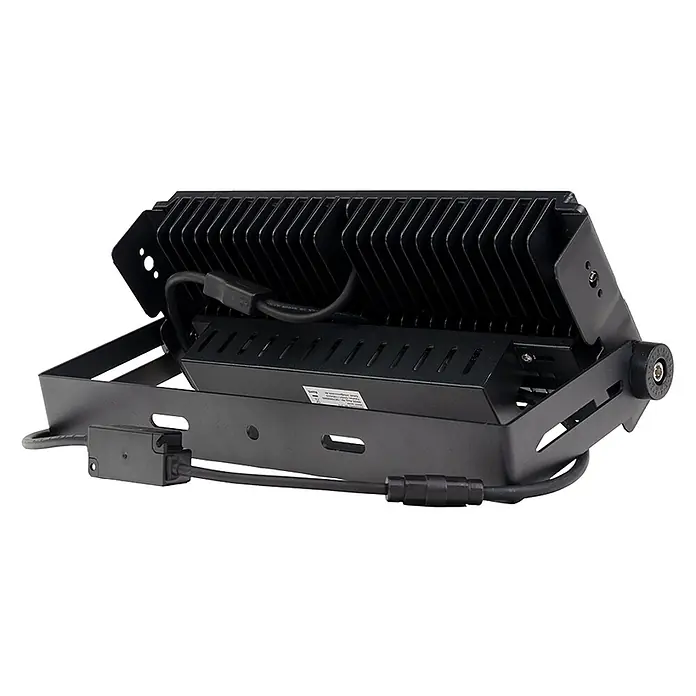 Enovalite LED-Strahler - 200 W, 26.000 lm, IP66 - Schwarzer LED-Fluter, Rückansicht mit Metallgehäuse, Kühlrippen, verstellbarem Montagebügel und Netzkabel.