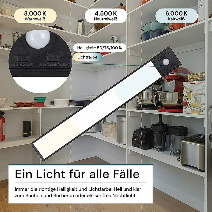 Luxula LED-Unterbauleuchte Akku CCT Warm -Kaltweiß Dimmbar Magnetische -  - Schwarze LED-Lichtleiste mit Bewegungssensor und einstellbarer Farbe/Helligkeit, beleuchtet ein Vorratsregal.
