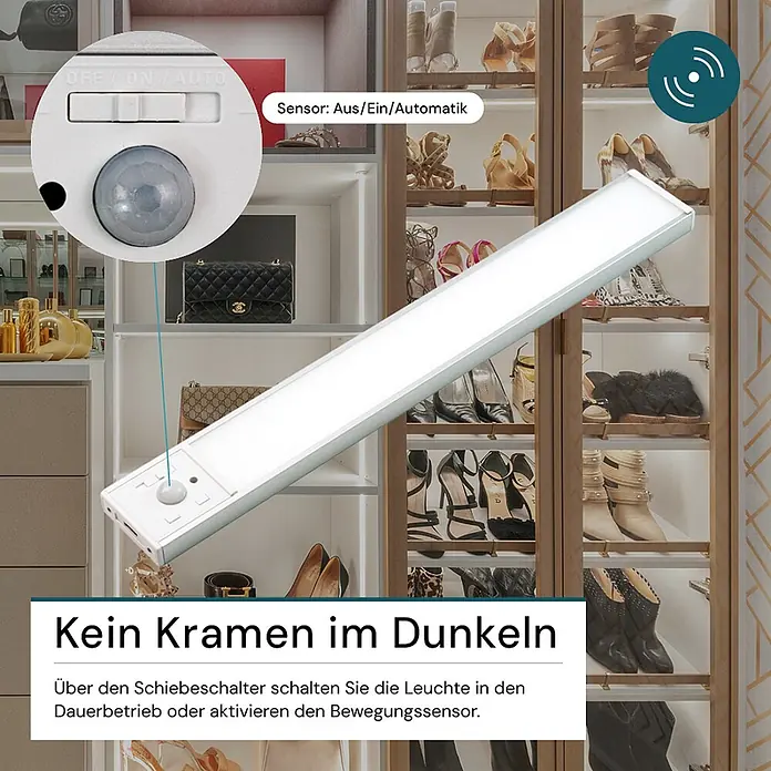 Luxula LED-Unterbauleuchte - Lichtfarbe: Mehrfarbig, 3 W - Weiße LED-Lichtleiste mit Bewegungssensor und Schalter (AUS/EIN/AUTOMATIK) beleuchtet einen Schrank mit Schuhen und Taschen.