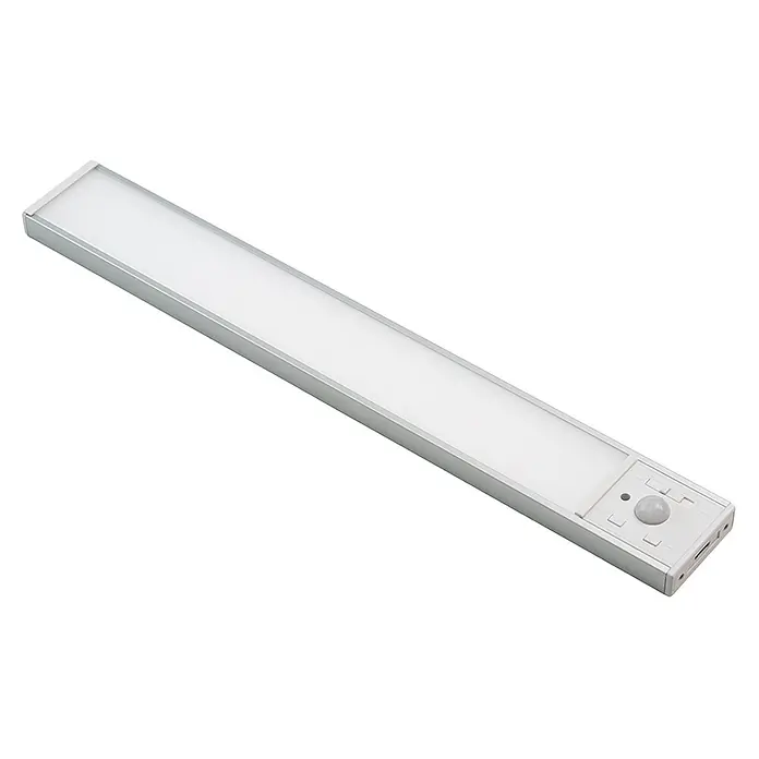 Luxula LED-Unterbauleuchte - Lichtfarbe: Mehrfarbig, 3 W - Silberne LED-Lichtleiste mit weißem Diffusor, integriertem Bewegungssensor und Bedienelementen an einem Ende.