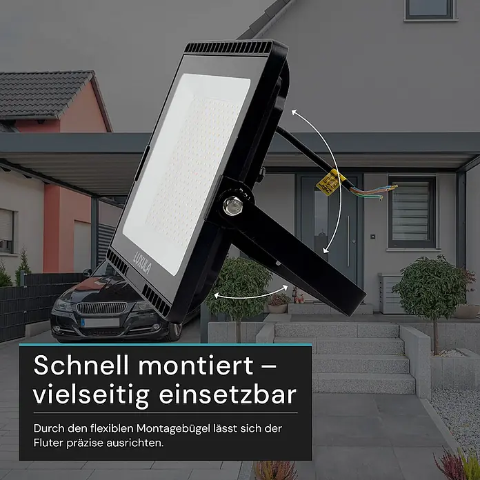 Luxula LED-Strahler - 150 W, 15.000 lm, IP65 - Schwarzer LED-Fluter im Außenbereich, zeigt seinen verstellbaren Bügel und die helle Ausleuchtung. Schnell montiert und vielseitig einsetzbar.