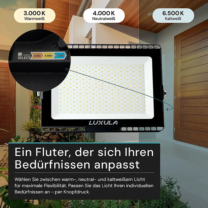 Luxula LED-Strahler - 150 W, 15.000 lm, IP65 - Schwarzer LED-Fluter mit wählbaren Farbtemperaturen (warm-, neutral-, kaltweiß) für flexible Außenbeleuchtung.