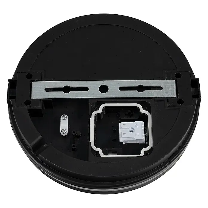 Luxula LED-Deckenleuchte rund - 30 W, Schwarz, Mehrfarbig - Unterseite einer schwarzen runden Leuchte mit Metall-Montagehalterung und weißem Verdrahtungsanschluss (L, N).
