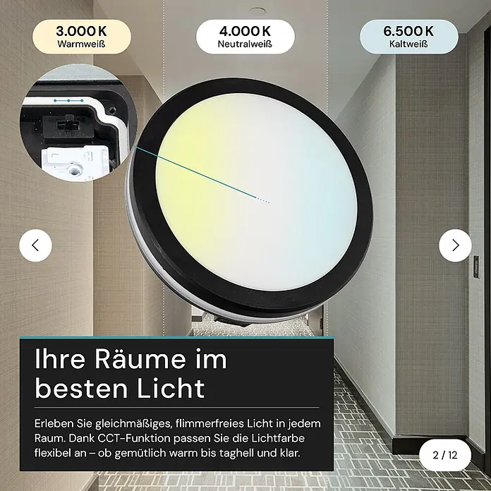 Luxula LED-Deckenleuchte rund - 20 W, Schwarz, Mehrfarbig - Runde LED-Deckenleuchte demonstriert einstellbare Farbtemperatur (3000K-6500K) von warmweiß bis kaltweiß, mit Inset der internen Verkabelung.