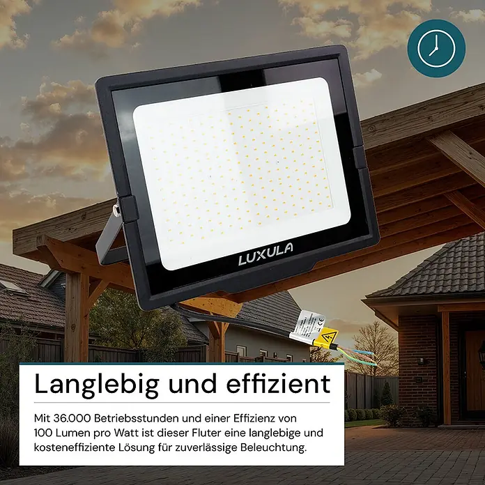 Luxula LED-Strahler - 200 W, 20.000 lm, 4.000 K, IP65 - Schwarzer LUXULA LED-Fluter, im Freien montiert, mit heller Lichtplatte und Merkmalen wie Langlebigkeit und Effizienz.