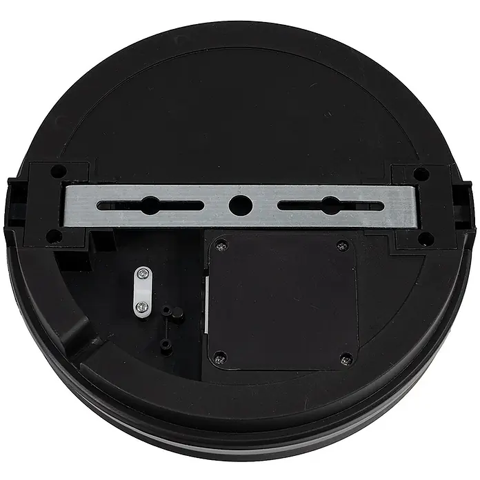 Luxula LED-Deckenleuchte rund - 30 W, Schwarz, Mehrfarbig - Rückansicht eines schwarzen runden Geräts mit silberner Metallhalterung und elektrischer Anschlussbox.