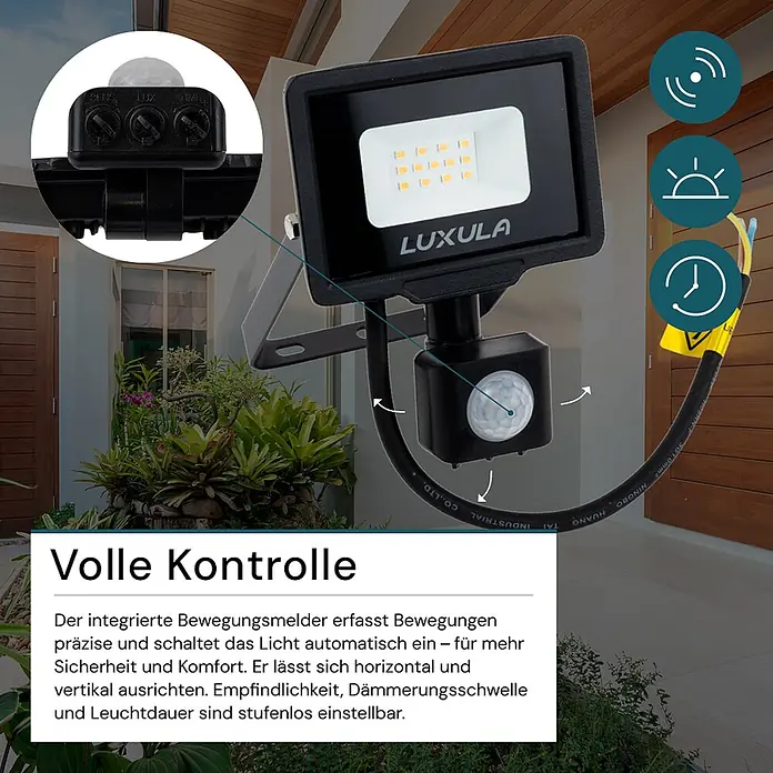 Luxula LED-Strahler Fluter Bewegungsmelder 10W 3000K Warmweiß 1000lm -  - Schwarzer LED-Fluter mit integriertem, einstellbarem Bewegungsmelder für den Außenbereich. Der Sensor erfasst Bewegung und steuert Lichtdauer und Empfindlichkeit.