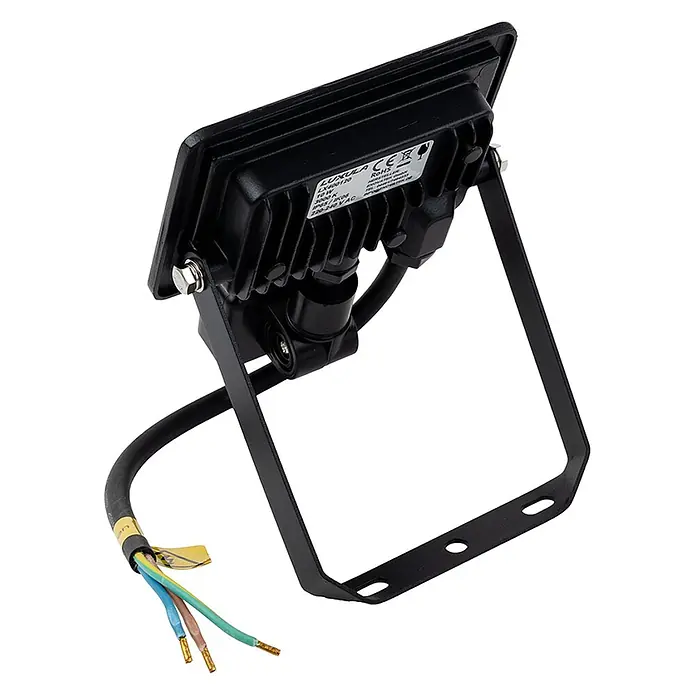 Luxula LED-Strahler Fluter Bewegungsmelder 10W 3000K Warmweiß 1000lm -  - Schwarzer LED-Fluter mit Kühlkörper und U-förmigem Ständer, der sein angeschlossenes Stromkabel mit blanken Drähten zeigt.