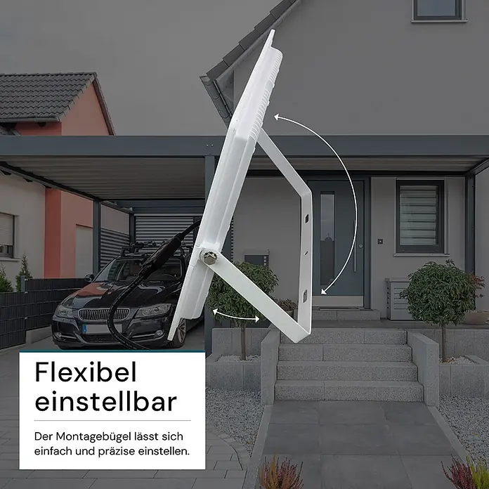 Luxula LED-Strahler - 300 W, 30.000 lm, IP65 - Weißer LED-Flutlichtstrahler mit verstellbarem Montagebügel, Pfeile zeigen den weiten Einstellbereich an.