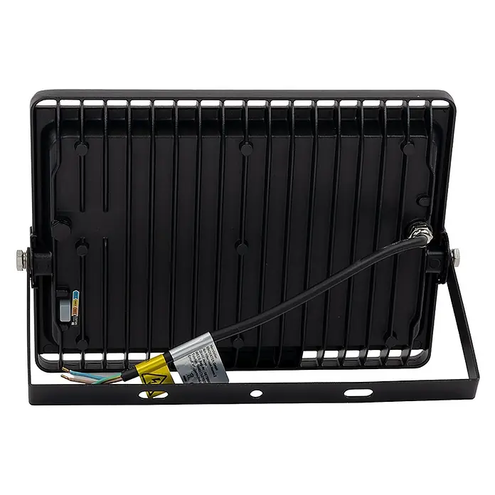 Luxula LED-Strahler - 100 W, 10.000 lm, IP65 - Schwarzer Metall-LED-Fluter, Rückansicht mit Kühlrippen, Netzkabel und Montagehalterung.
