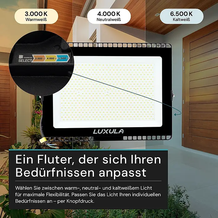 Luxula LED-Strahler - 300 W, 30.000 lm, IP65 - Schwarzer LED-Fluter beleuchtet Außenbereich, mit wählbarem warm-, neutral- und kaltweißem Licht (3000K-6500K) per Schalter.