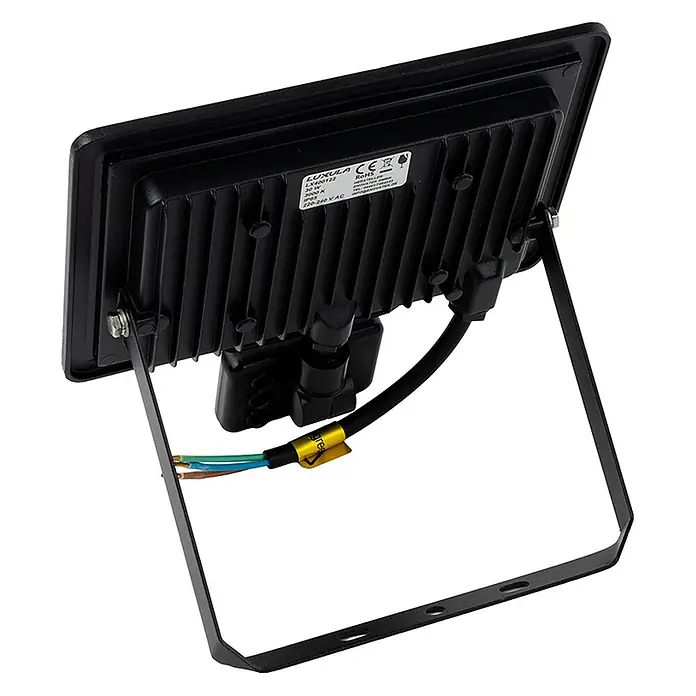Luxula LED-Strahler Fluter Bewegungsmelder 30W 3000K Warmweiß 3000lm -  - Schwarzer LED-Fluter mit Kühlrippen, freiliegenden Kabeln und Montageständer.