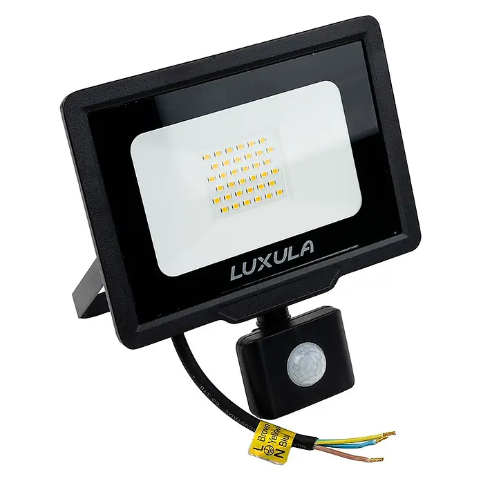 Luxula LED-Strahler Fluter Bewegungsmelder 30W 3000K Warmweiß 3000lm -  - Schwarzer LED-Flutlichtstrahler mit quadratischem LED-Feld und integriertem Bewegungsmelder.