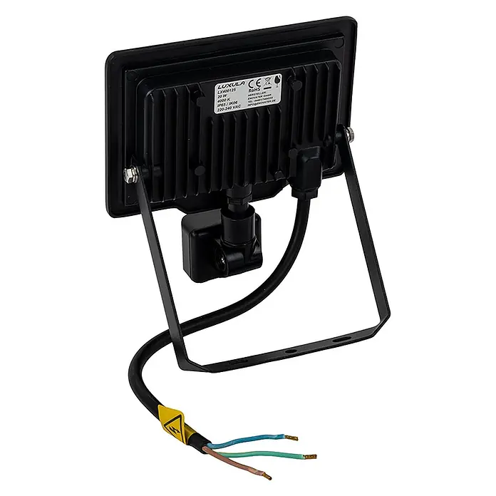 Luxula LED-Strahler Fluter Bewegungsmelder 20W 3000K Warmweiß 2000lm -  - Schwarzer LED-Flutlichtstrahler mit Bewegungsmelder und freiliegenden Elektrokabeln.
