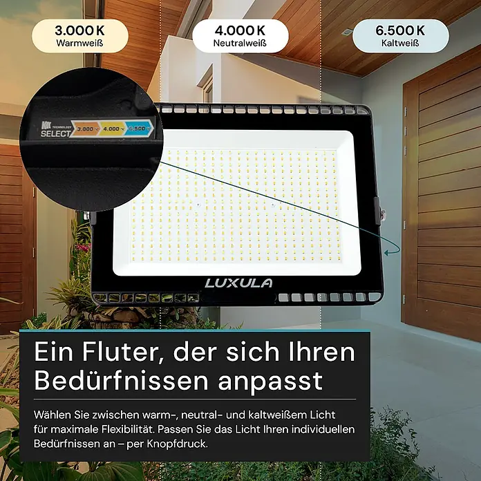 Luxula LED-Strahler - 200 W, 20.000 lm, IP65 - Schwarzer LED-Fluter mit Wählschalter für einstellbare Farbtemperaturen (3000K Warmweiß, 4000K Neutralweiß, 6500K Kaltweiß) für den Außenbereich.