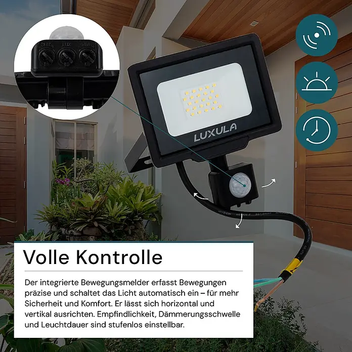 Luxula LED-Strahler Fluter Bewegungsmelder 20W 3000K Warmweiß 2000lm -  - Schwarzer LED-Fluter mit integriertem, einstellbarem Bewegungsmelder, im Außenbereich montiert für automatische Beleuchtung.