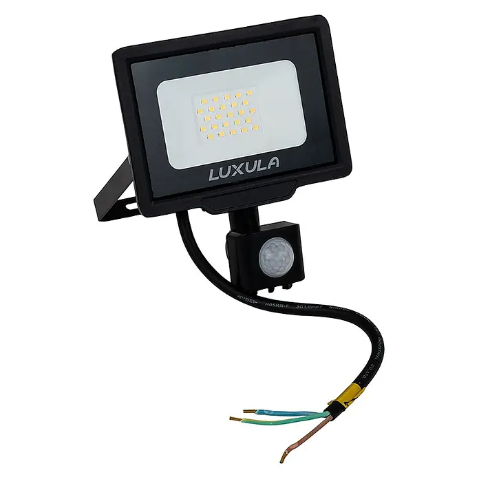 Luxula LED-Strahler Fluter Bewegungsmelder 20W 4000K Neutralweiß 2000lm -  - Schwarzer LED-Fluter mit integriertem Bewegungssensor und offenliegenden Anschlusskabeln zur Installation.