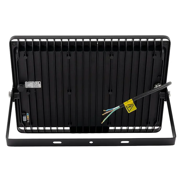 Luxula LED-Strahler - 200 W, 20.000 lm, IP65 - Rückansicht eines schwarzen LED-Fluters mit Kühlrippen und freiliegenden Stromkabeln.