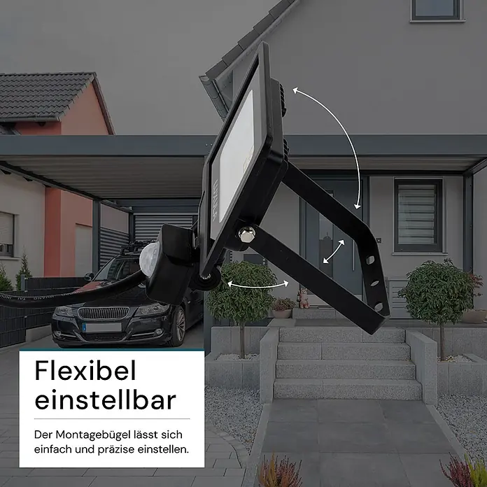 Luxula LED-Strahler Fluter Bewegungsmelder 20W 3000K Warmweiß 2000lm -  - Schwarzer LED-Fluter mit Bewegungsmelder. Der verstellbare Bügel ermöglicht flexible und präzise Außenbeleuchtung.