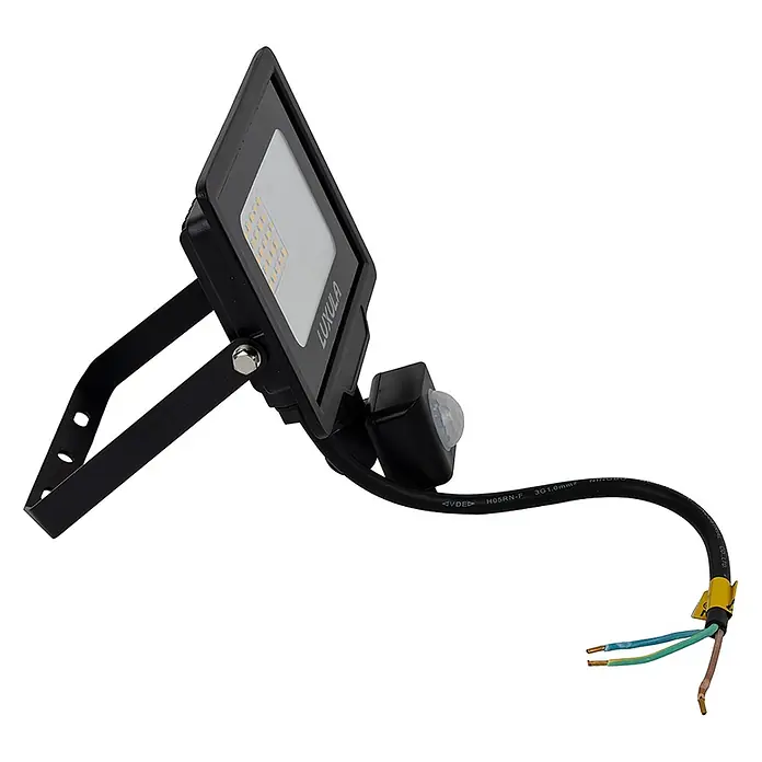 Luxula LED-Strahler Fluter Bewegungsmelder 20W 3000K Warmweiß 2000lm -  - Schwarzer LED-Flutlichtstrahler mit integriertem Bewegungssensor und verstellbarer Halterung, mit offenem Stromkabel.