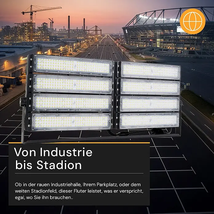 Enovalite LED-Strahler - 800 W, 104.000 lm, IP66 - Großer dunkler LED-Fluter vor einer Industrieanlage und einem Stadion, zeigt seine Anwendung in großen Bereichen.