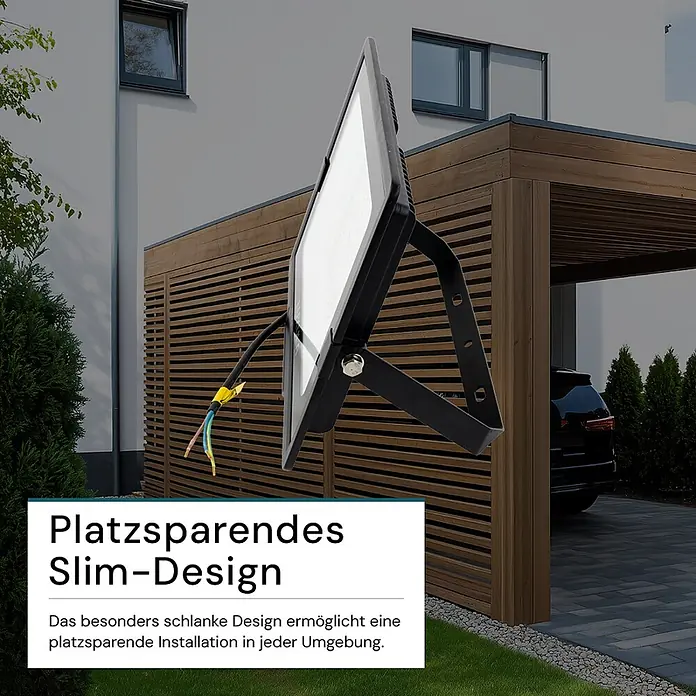 Luxula LED-Strahler Fluter 150W 4000K Neutralweiß 15000lm Außenstrahler -  - Schwarzer schlanker LED-Flutlichtstrahler für die Außenmontage, schräg vor Haus und Carport.