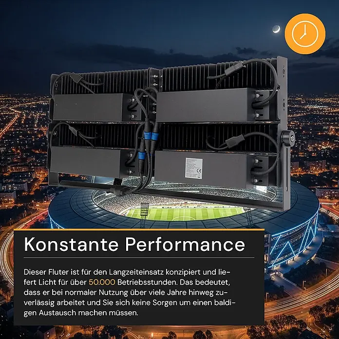 Enovalite LED-Strahler - 800 W, 104.000 lm, IP66 - Großer schwarzer Hochleistungsfluter über einem Stadion bei Nacht, für Langzeiteinsatz konzipiert.