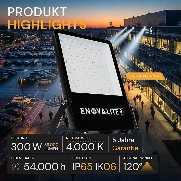 Enovalite LED-Strahler - 300 W, 39.000 lm, IP65 - Schwarzer ENOVALITE 300W LED-Fluter, neutralweiß (4000K), IP65, 54.000h Lebensdauer, beleuchtet Parkplatz und Gebäude in der Dämmerung.