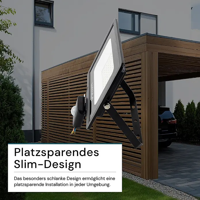 Luxula LED-Strahler Fluter Bewegungsmelder 50W 4000K Neutralweiß 5000lm -  - Schwarzer LED-Flutlichtstrahler mit integriertem Bewegungssensor, schlankes Design für Außeninstallation, neben Gebäude und Carport.