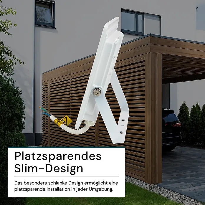 Luxula LED-Strahler - 50 W, 5.000 lm, IP65 - Weißer, schlanker LED-Fluter mit sichtbaren Kabeln, ideal für platzsparende Außeninstallation.