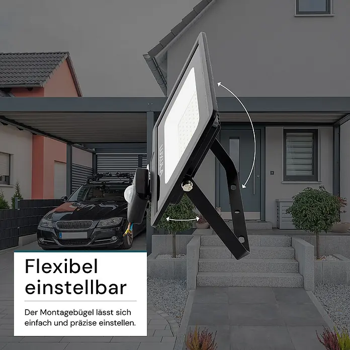 Luxula LED-Strahler Fluter Bewegungsmelder 50W 4000K Neutralweiß 5000lm -  - Verstellbarer schwarzer LED-Fluter mit Bewegungsmelder, an flexibler Halterung für den Außenbereich.