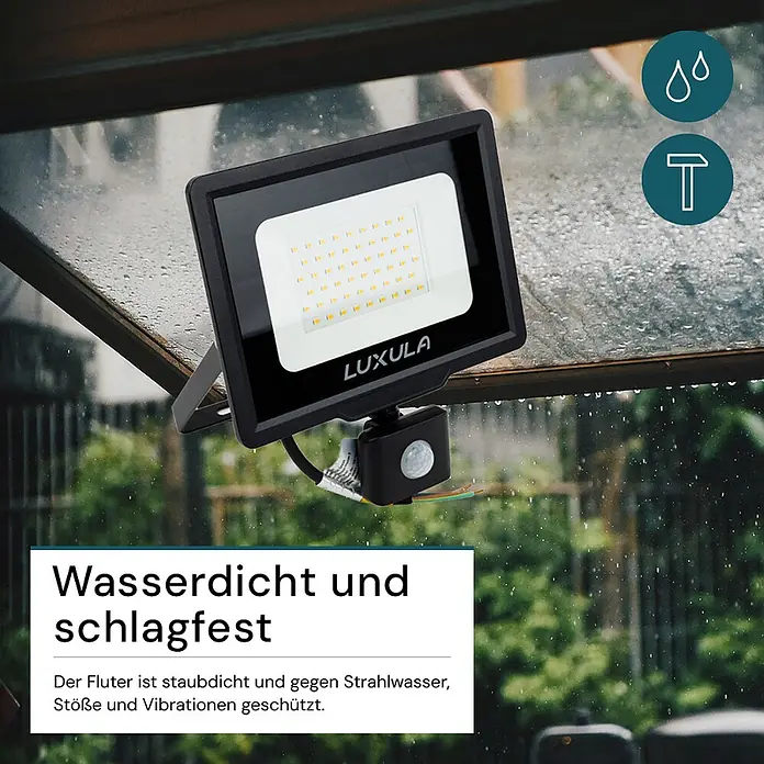 Luxula LED-Strahler Fluter Bewegungsmelder 50W 4000K Neutralweiß 5000lm -  - Schwarzer LED-Fluter für den Außenbereich mit Bewegungsmelder, wasserdicht und schlagfest.