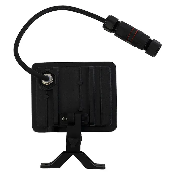 Luxula LED-Strahler - 20 W, 2.400 lm, IP65 - Schwarzer LED-Fluter, Rückansicht, mit verstellbarer Halterung und Stromkabel mit wasserdichtem Stecker.