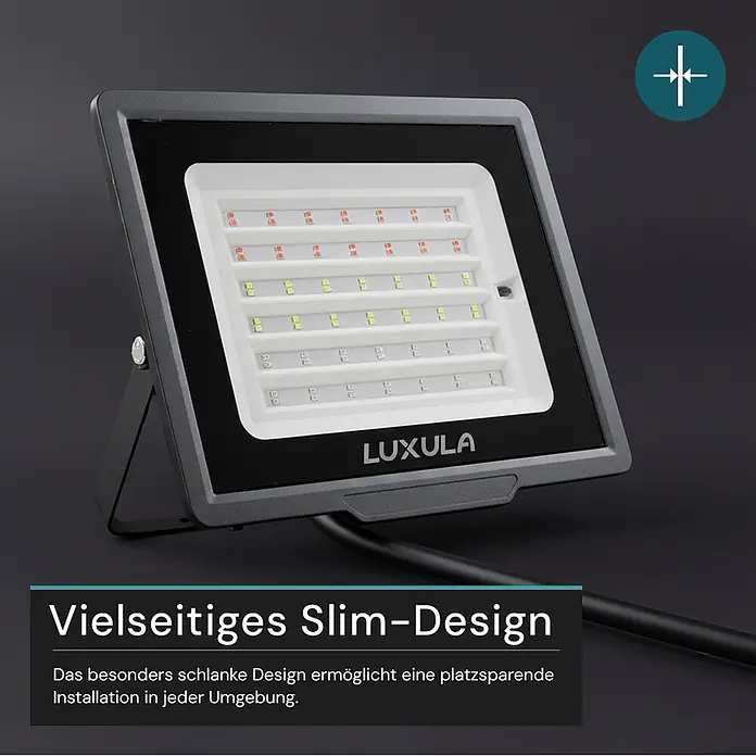 Luxula LED-Strahler - 50 W, IP65 - Schwarzer und grauer LED-Fluter im schlanken Design mit mehreren Reihen von LED-Chips.
