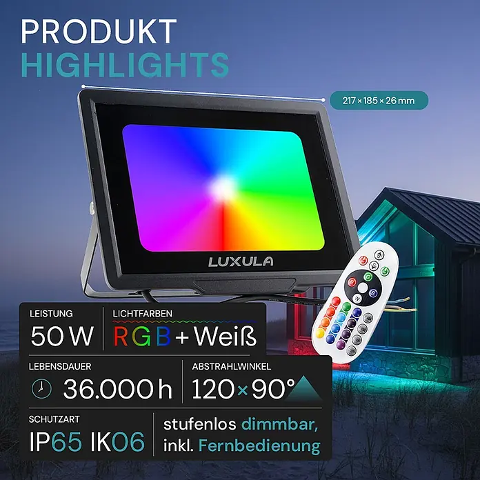 Luxula LED-Strahler - 50 W, IP65 - Schwarzer 50W RGB+Weiß LED-Strahler mit Fernbedienung, zeigt lebendige Farben und wichtige Spezifikationen wie IP65.