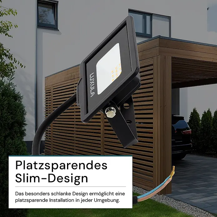 Luxula LED-Strahler - 10 W, 1.000 lm, 4.000 K, IP65 - Schwarzer LUXULA LED-Flutlichtstrahler mit freiliegenden Kabeln, im Außenbereich, betont sein schlankes, platzsparendes Design.