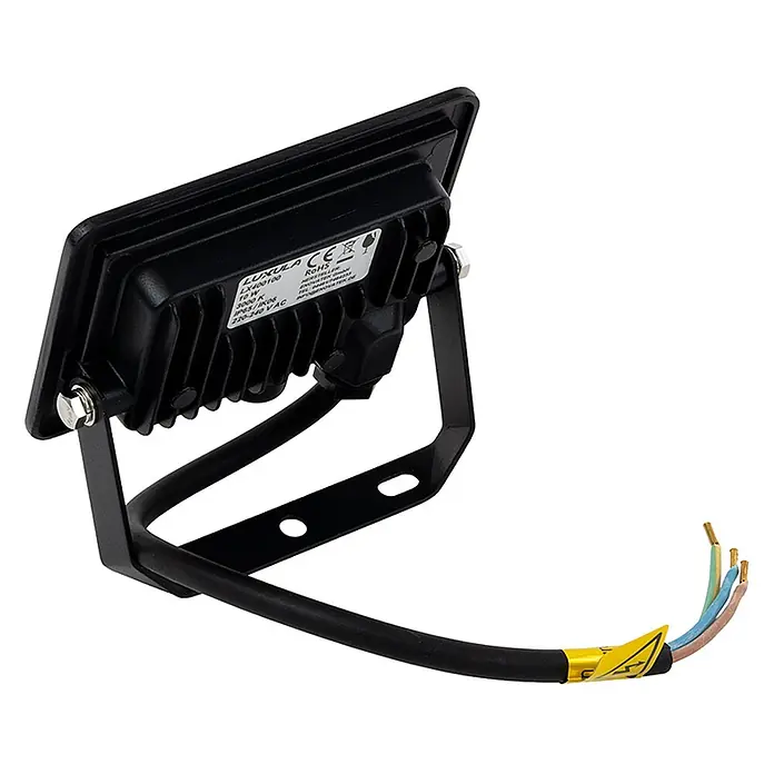 Luxula LED-Strahler - 10 W, 1.000 lm, 4.000 K, IP65 - Schwarzer LED-Fluter mit integriertem Montagebügel und freiliegenden elektrischen Anschlusskabeln.