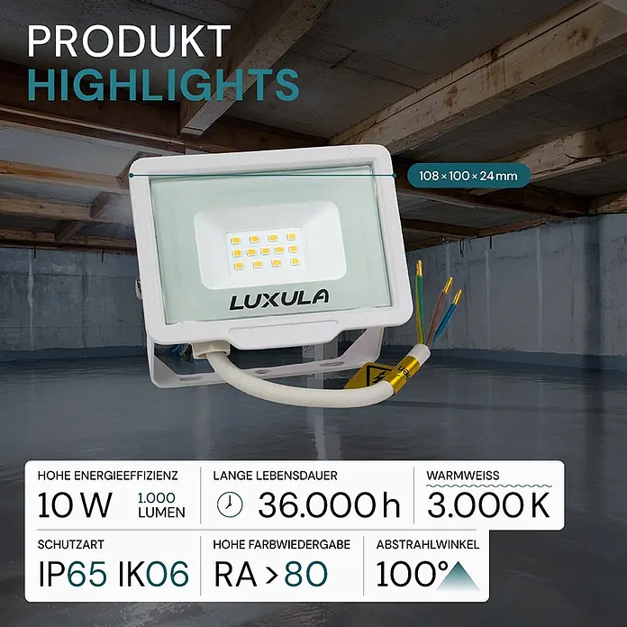 Luxula LED-Strahler 10W 1000lm Fluter 3000K Warmweiß Flutlichtstrahler Slim -  - Weißer LED-Fluter mit Produkthighlights im Industriekeller.
