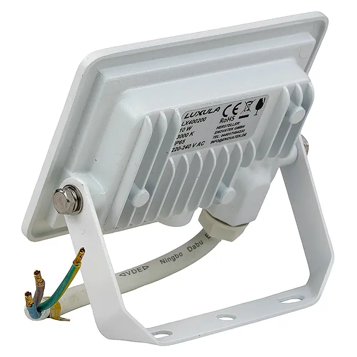 Luxula LED-Strahler - 10 W, 1.000 lm, IP65 - Weißer LED-Fluter, Rückansicht, mit Produktetikett (Spezifikationen) und freiliegender Verkabelung an der Halterung.